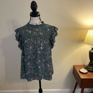 DR2 Floral Ruffle Sleeve Blouse - Teal and Pink